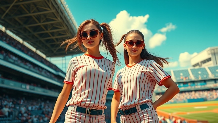 Two confident female athletes in baseball uniforms at a bustling stadium, reflecting sports psychology USA.