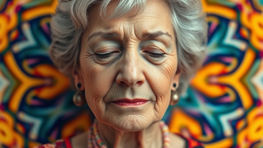 Expressionistic artwork of an older woman meditating, showcasing mental health tips.