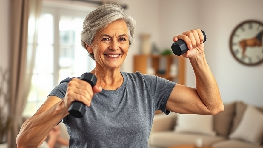 Smiling older woman using dumbbells to maintain muscle strength, a grip strength indicator for sarcopenia.