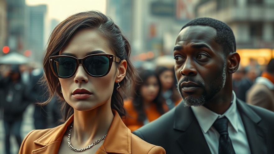 Futuristic urban scene depicting a woman and man reflecting on Sean Combs lawsuit.