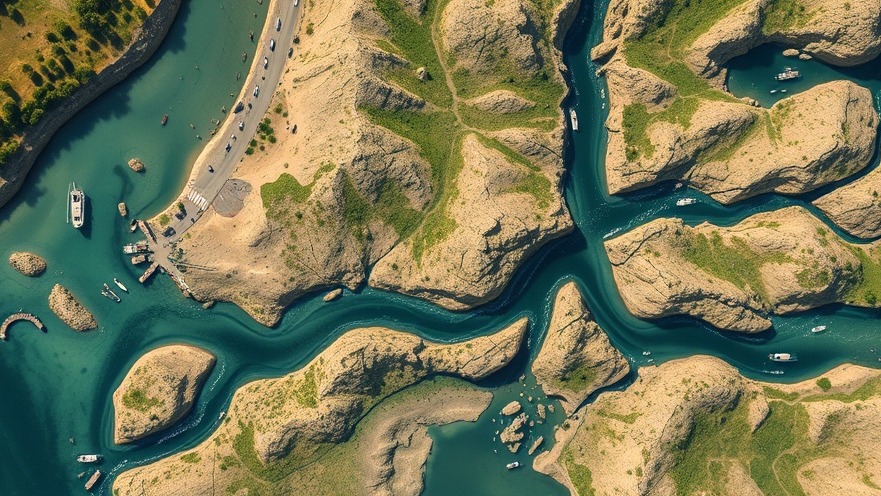 Aerial view of a river map highlighting FEMA flood management in Texas.