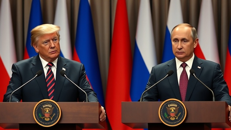 Trump and Putin at a press conference discussing national news today, serious expressions.