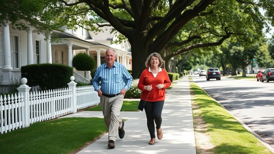 Older couple fast-walking on a residential sidewalk with trees and beautiful homes.