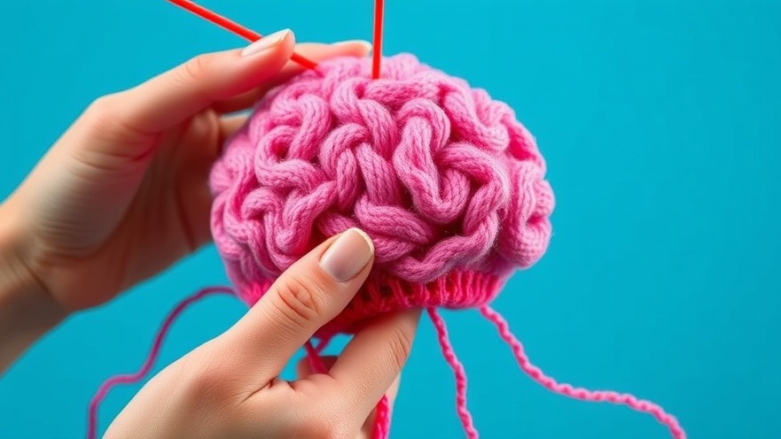 Surreal hands knitting a pink brain symbolizing brain aging and creativity benefits.