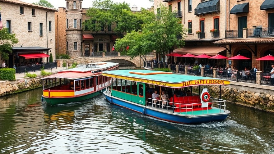Colorful tourist barges on the San Antonio river, showcasing local businesses and visitor experiences.