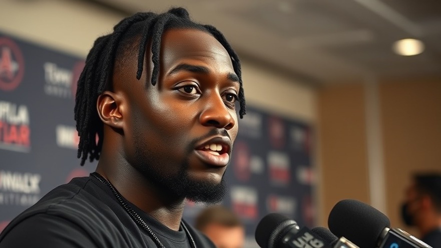 Young black man animatedly discussing college football scores at a press conference.