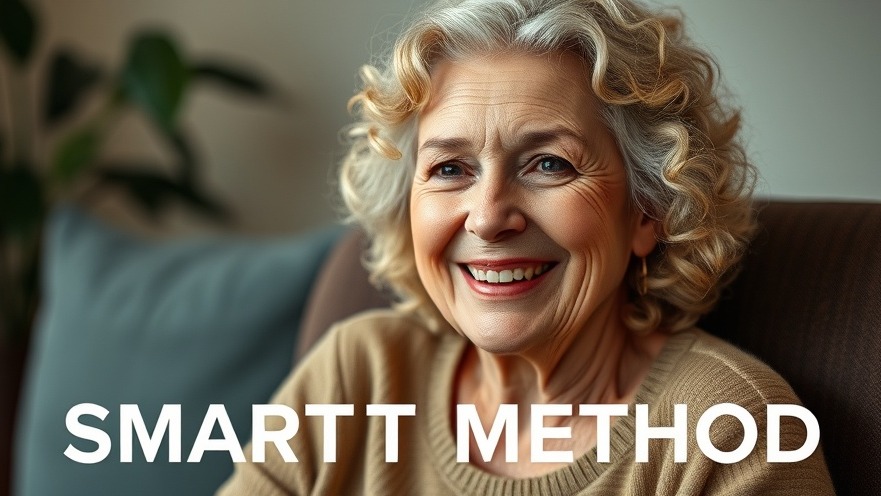 Smiling older woman practicing mental health exercises for seniors, vibrant colors.