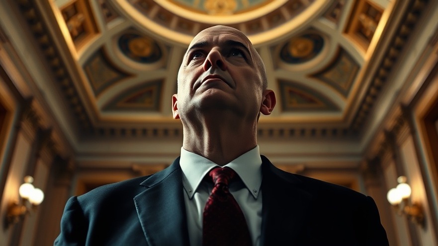 Serious bald man in formal attire looking up in a government building, reflecting on political news USA.