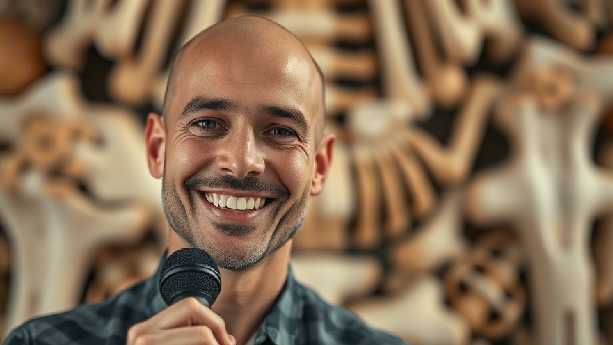 Smiling bald man discussing fitness and nutrition with intricate bone texture background.