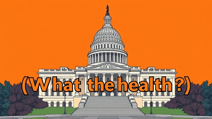 Intricate illustration of the US Capitol with bold text '(((What the Health?)))', promoting health and wellness.