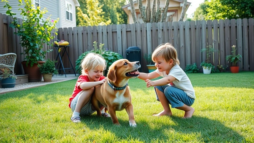 Kids playing joyfully with their dog in a sunny backyard