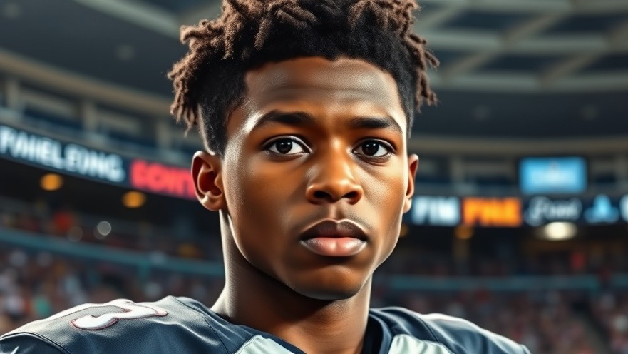 Dynamic graphic of a young black football player showcasing his debut performance in college football.