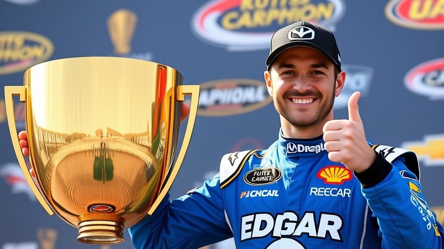 Kyle Larson celebrates with a trophy, showcasing NASCAR showdown excitement.