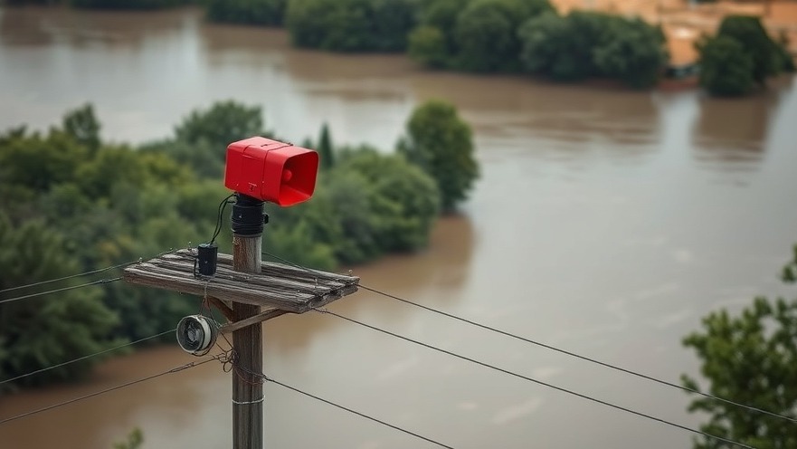 Warning siren atop a pole near a flooded river, highlighting Texas emergency response efforts.
