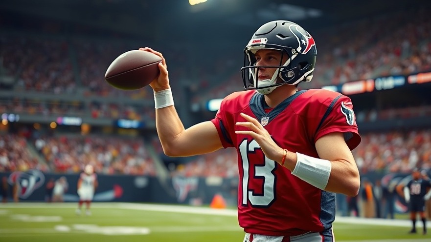 Dynamic Houston Texans quarterback poised to throw a pass in vibrant stadium lighting.