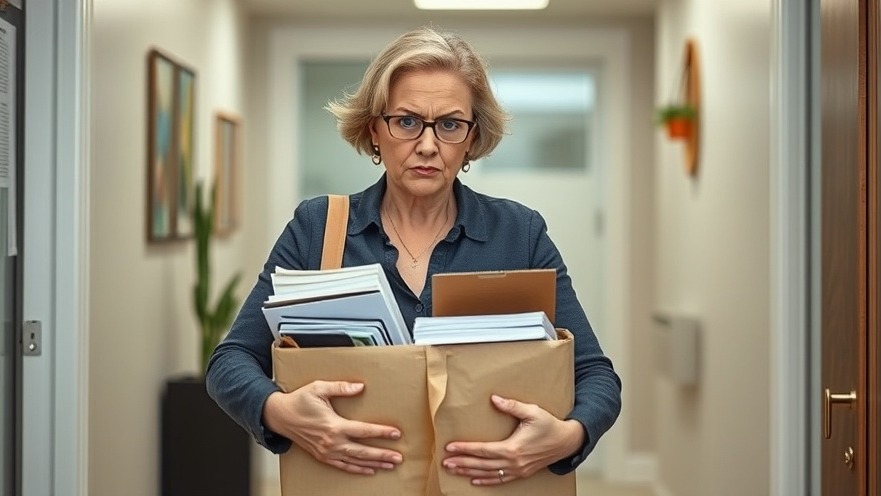 Angry middle-aged woman leaving office, reflecting breaking national news on US economy.