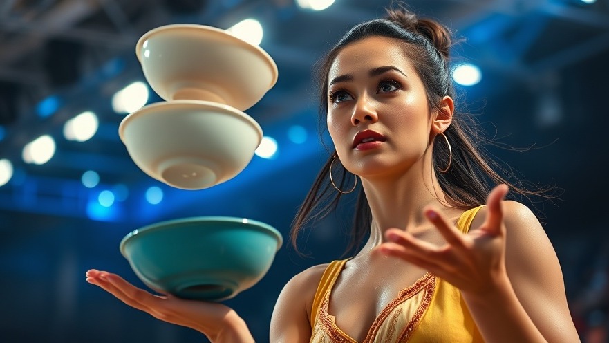Talented female performer showcasing live music in San Antonio, balancing bowls in vibrant colors.
