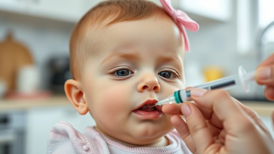 Adorable baby with pink bow calmly taking medication for healthy eating habits in a bright kitchen.