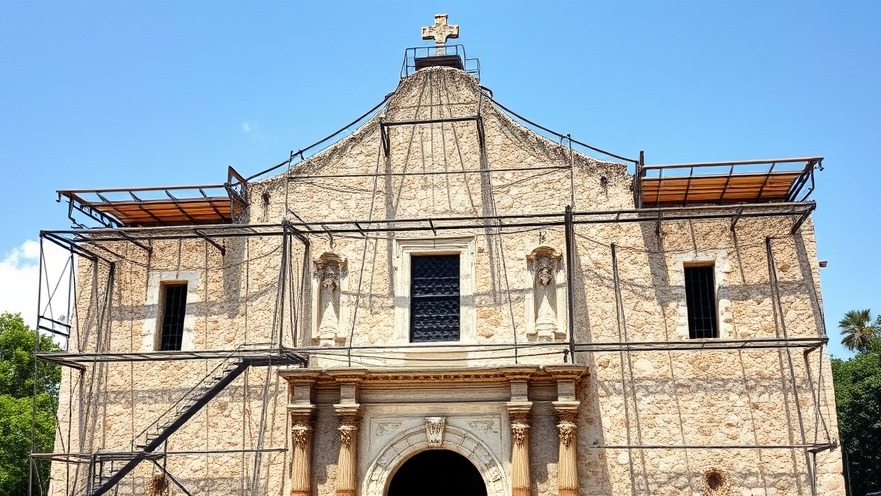 The Alamo under restoration, showcasing San Antonio cultural events with intricate metal framework.
