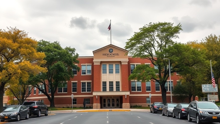 Photorealistic high school building highlighting hazing in schools and student safety issues.