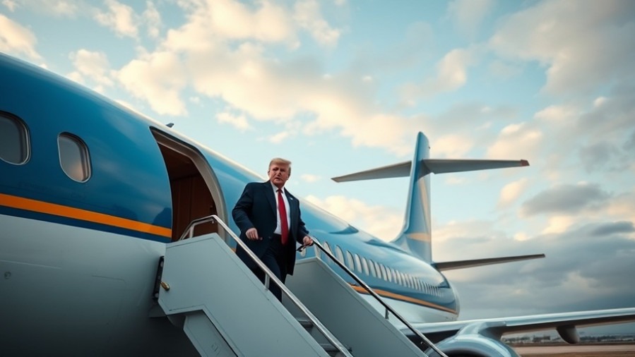 Trump descends steps from a plane, thoughtful, amidst security concerns and political threats.