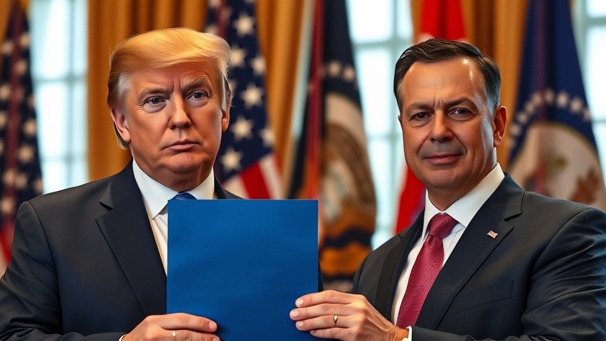 Trump and a colleague in suits with a blue document, capturing national news.