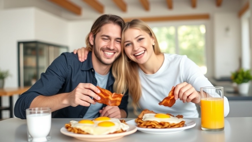 Joyful couple enjoying a healthy lifestyle with a breakfast of eggs and bacon.