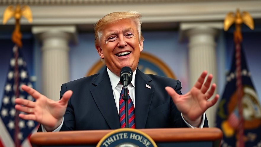 Trump smiling animatedly in the press briefing room, showcasing his media tactics.