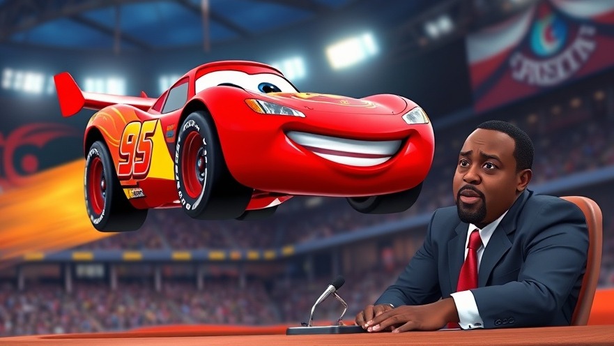 Dynamic animated red race car soaring over serious commentator in TV studio, vibrant colors.