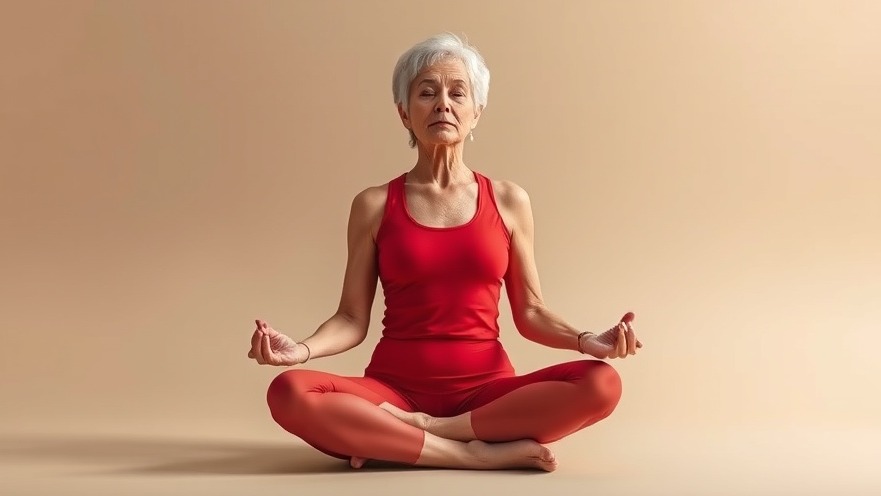 Serene older woman meditating in red workout attire, highlighting benefits of yoga for sleep.
