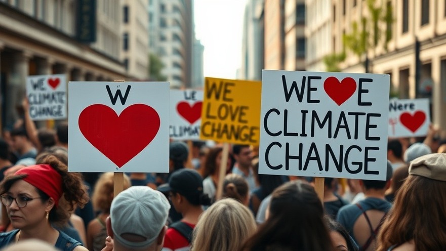 Vibrant crowd at climate change rally, showcasing protest signs, amidst national weather alerts.
