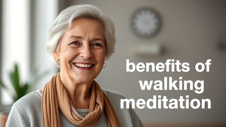 Smiling older woman showcasing benefits of walking meditation in a modern graphic.