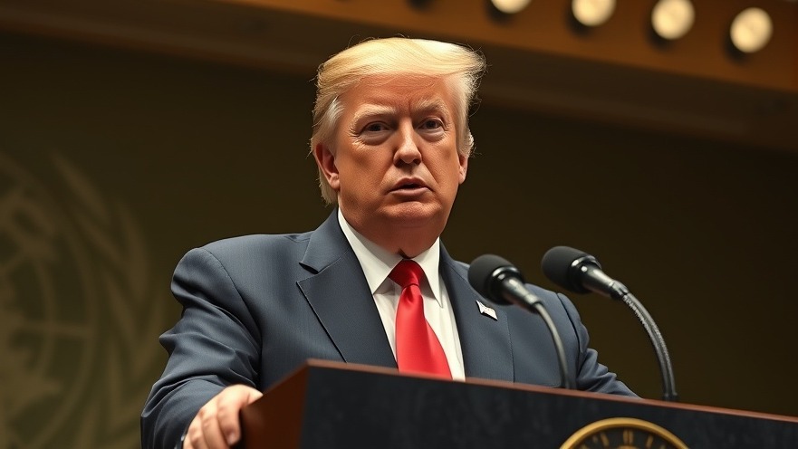 Trump delivers national political news speech at UN with serious expression.