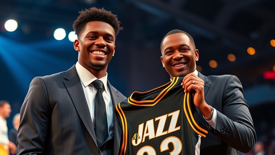 Young athlete in a jazz jersey smiles on stage, capturing NBA highlights in vibrant detail.