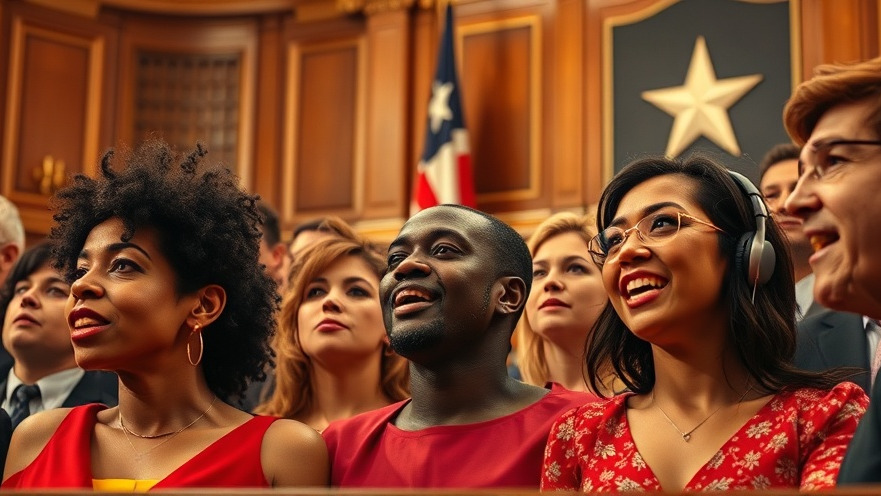 Diverse group debating Texas education bills in legislative chamber, Texas flag backdrop.