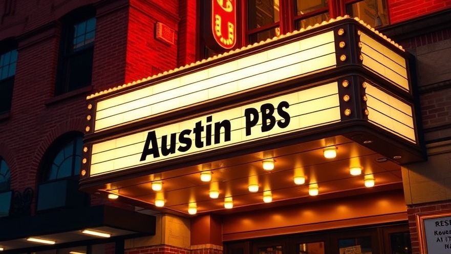 Illuminated theater marquee featuring Austin PBS, vintage cinema style, warm nostalgic glow.