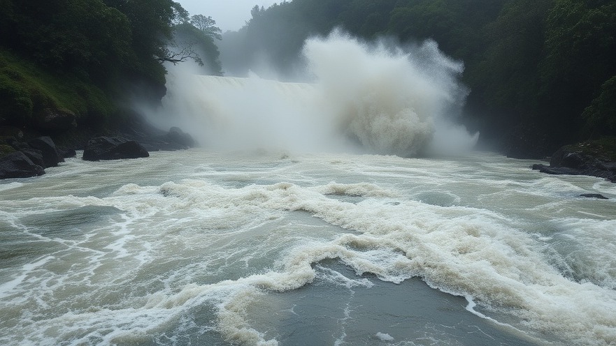 Raging flooded river highlighting texas camp safety regulations for emergency preparedness.
