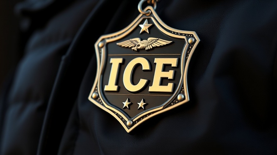 Close-up of an ICE officer badge, reflecting natural light, amidst border news updates.