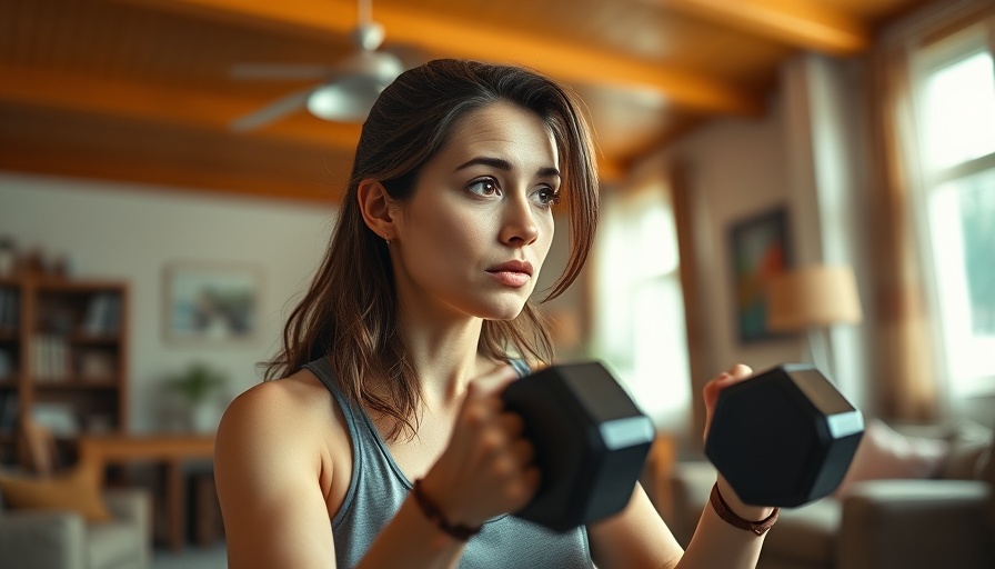 Can you build muscle in a calorie deficit: woman exercising with dumbbells at home.