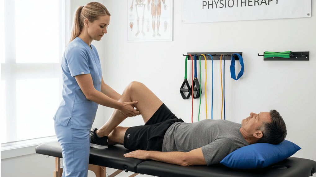 Active physiotherapy session for low back pain in Prince George BC, therapist guiding stretching exercises for recovery