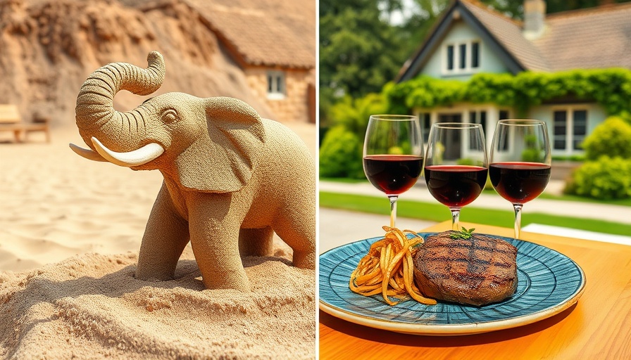 Peddler's Village summer 2025: elephant sand sculpture, gourmet meal with wine, charming village street.