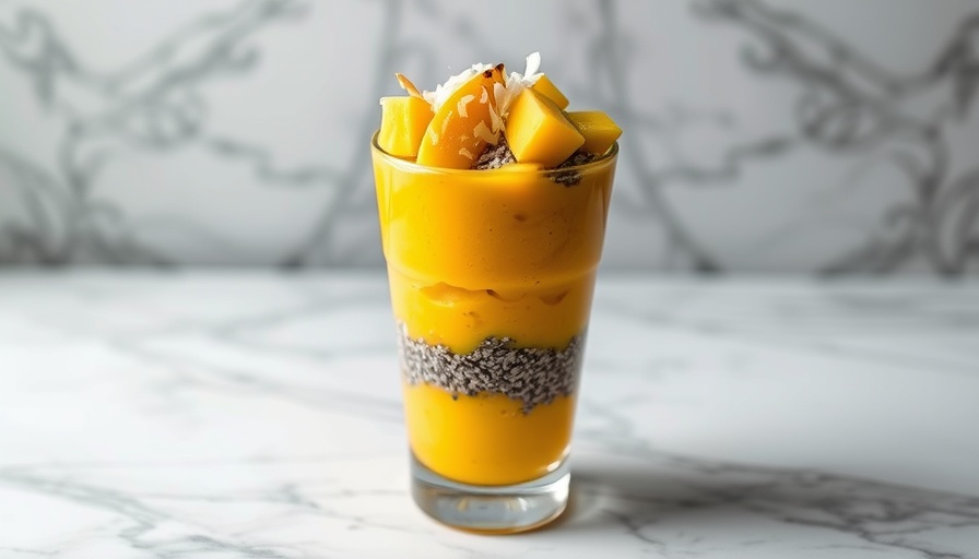 Vegan Mango Coconut Chia Seed Pudding in a glass with mango cubes.