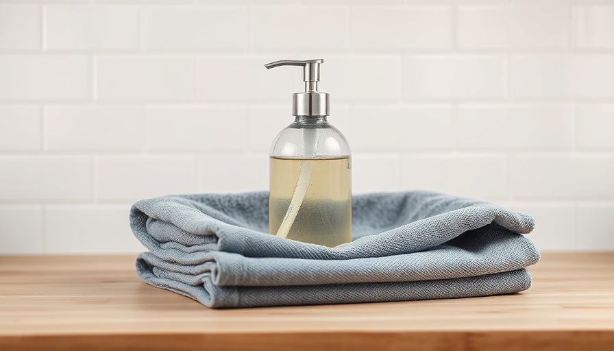 DIY foaming hand soap in transparent dispenser on towels with tile background.