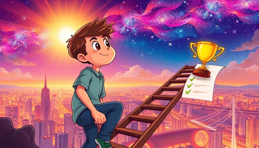 Young man climbing ladder towards success in a vibrant sky.