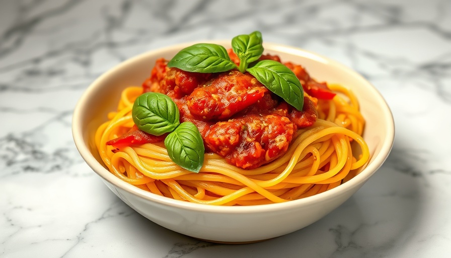 Vegan Million Dollar Spaghetti Recipe: Delicious spaghetti with tomato sauce and basil garnish.