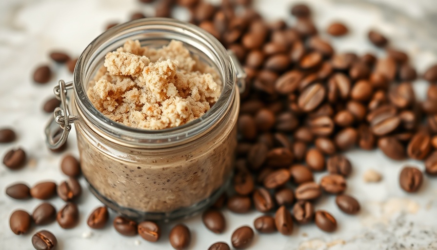 Vanilla latte coffee scrub recipe in jar with coffee beans
