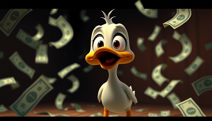 Cartoon duck surprised in a room with floating dollar bills.