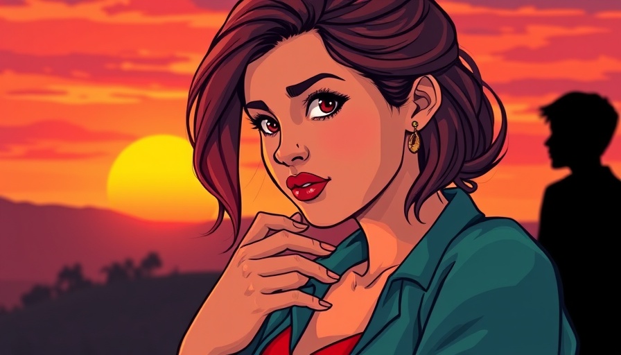 Reflective woman in colorful sunset illustration expressing personal development.
