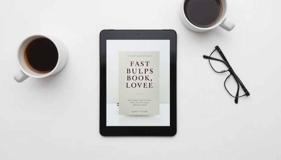 Minimalistic flat lay with tablet showing book cover.