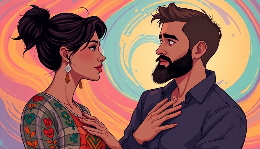Illustration of a woman speaking from the heart to a man with a warm colorful background.